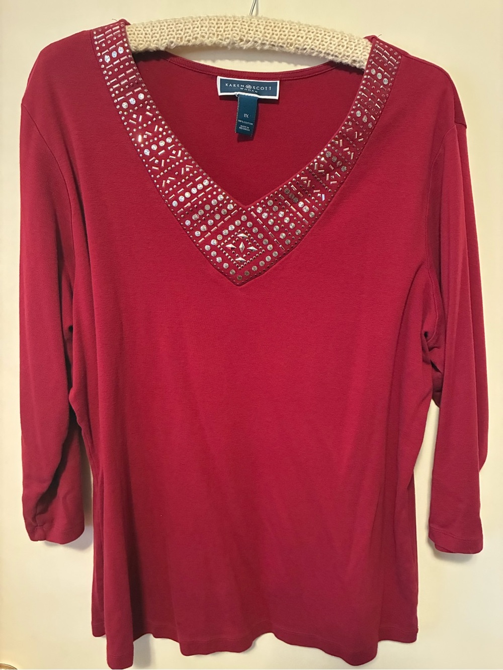 Karen Scott Garnet Red V-Neck Long Sleeve Top with Studded Trim